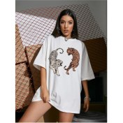 Resim DAXİS Sportwear Company Kadın Beyaz Kaplan Baskı Oversize TShirt 