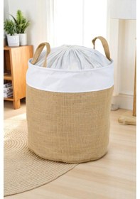 Resim İronika Garnili Beyaz Büzgülü Sepet Oyuncak Çamaşır Havlu Sepeti Yuvarlak Temiz Kirli Çamaşır Sepeti Kahverengi 