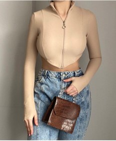 Resim WEAR AND WEAR Kadın Bej Korse Kesim Detay Parmak Geçirmeli Fermuarlı Fitilli Uzun Kollu Crop Bluz 