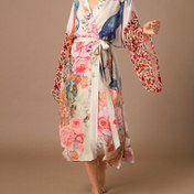 Resim MOXDO Kadınlar için Peacock Desenli, Hafif Polyester, Rahat Stil, Uzun Boy, Açık Ön, Kemerli, Tatil için Bezli Plaj Örtüsü Elbise 