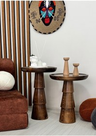 Resim AYLESA Ahşap 2’li Set Mantar Yan Sehpa Modern Ceviz Renk Fiskos Zigon Çiçeklik 