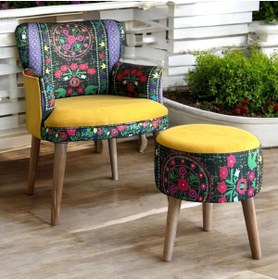 Resim WATERYBROOK Berjer Puf Set -Tekli Koltuk Puflu-Berjer-Koltuk - Baskılı Kumaş- Doğal Ahşap 