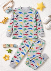 Resim Free Beka Sevimli Dinazor Desenli Bisiklet Yaka Çocuk Uzun Kollu Pamuklu Alt Üst Pijama Takımı 