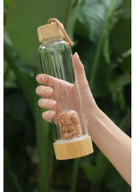 Resim Sarı Adventurin Doğal Taş Bambu Kapaklı Cam Su Matarası - 550 Ml - Özel Kılıflı Beyaz 