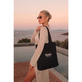 Resim Bahels Kadın Siyah Milano Nakış File Örgü Model Plaj, Shopper Tote Çanta 