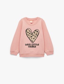 Resim Kız Bebek Pamuklu Uzun Kollu Bisiklet Yaka Kalp Baskılı Şardonlu Sweatshirt 
