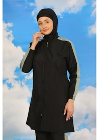 Resim Akbeniz Kadın Pantolonlu Kolu Şeritli Tam Tesettür Mayo Siyah 31066-siyah Siyah 