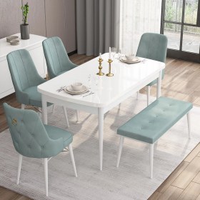 Resim Canisa Concept Are Serisi 80 x 132 cm Açılabilir Benchli Mdf Beyaz Mutfak Masa Takımı 4 Sandalye 1 Bench 
