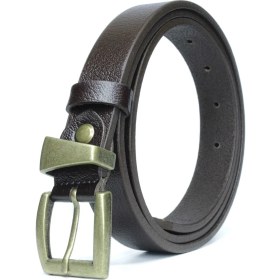 Resim Hakiki Deri Antik Sarı Tokalı Kadın Kemeri 2,5cm Acı Kahverengi 