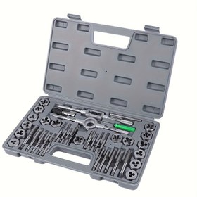 Resim Bir Tam 40 Adet Tapa ve Kalıp Aracı Kiti, Metrik ve İmperial Konu Araçlarından Oluşur, M3-M12 Boyutları İçin Uygun, Manuel İç ve Dış Konu İşleme, Dayanıklı Metal Yapı, Tam Aksesuarlar ve Depolama Kutusu İçerir 