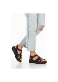 Resim İç Dış Deri Ortopedik Platform Taban Kadın Sandalet Siyah 