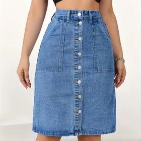 Resim Düğmeli Ön ve Yan Cebi Olan Kadın Yüksek Bel Kot Pantolon - Açık Mavi, Orta Uzunluk, Rahat Stil, Bahar/Sonbahar İçin Mükemmel, Rahat Giyim | Düğmeli Ön Pantolon | Dokulu 