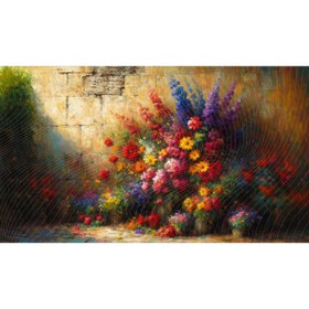 Resim Venspor Renkli Çiçeklerle Bezenmiş Bahçe Temalı, Taş Duvar Arkaplan, 200x150cm Duvar Örtüsü ve Fotoğraf Fonu 