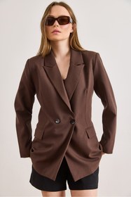 Resim Olalook Kadın Kahverengi Astarlı Çift Düğmeli Poliviskon Blazer Ceket CKT-19000465 