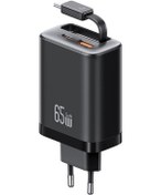 Resim Usams Cc299 65w Hızlı Şarj Cihazı, Geri Çekilebilir Usb-c / Tip-c Kablolu, Ab Fişi Siyah 