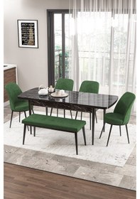 Resim Canisa Zen Serisi 80x132 Mdf Açılabilir Siyah Mermer Desen Masa Takımı 4 Haki Yeşil Sandalye Ve 1 Bench Masa Siyah Mermer Desen Sandalye Haki 