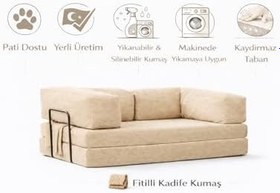Resim Fitilli Kadife Yataklı Kanepe 100x200 cm - 50 DNS Rebonded Sünger - Silinebilir & Yıkanabilir Kumaş - Tek Kişilik Kanepe Yatak (Bej, 80x160) 