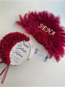 Resim CAROL TASARIM İsme özel Gelin 30 cm kına gecesi tefi ve yelpaze seti bordo renk 