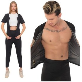 Resim Zayıflama Incelme Terleten Termal Takım Fermuarlı Ve Tayt Terleme Kıyafeti Termal Sauna Kıyafeti Siyah 