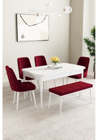 Resim Mabel Beyaz 80x132 Açılabilir Yemek Odası Takımı 4 Sandalye, 1 Bench Antrasit 