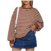 Resim Novahub Kadın Sonbahar Ve Kış Renkli Çizgili Bisiklet Yaka Bol Sweatshirt Kapüşonlu Üst Pas Kırmızısı - 2xl Koyu Turuncu 