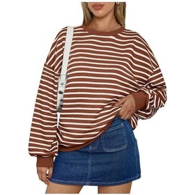 Resim Novahub Kadın Sonbahar Ve Kış Renkli Çizgili Bisiklet Yaka Bol Sweatshirt Kapüşonlu Üst Pas Kırmızısı - 2xl Koyu Turuncu 