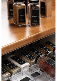 Resim 12'li Şeffaf Kristal Plexi Standlı Cam Baharatlık Seti Siyah Kapaklı Etiketli Baharatlık Mh03syh12 Siyah - Şeffaf 