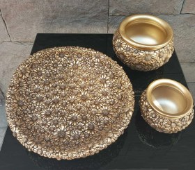 Resim Dekoratif Polyester Üçlü Tabaklı Papatyalı Vazo Seti Gold 