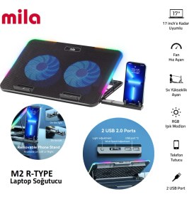 Resim Classone Mila Serisi M2 R-TYPE 13-17 inch RGB Işıklı, 2 Büyük Fan, Telefon Standı,2 USB Notebook Soğutucu Stand 