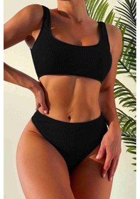 Resim Angelsin Özel Fitilli Kumaş Yüksek Bel Tankini Bikini Takım Siyah 001 