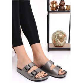 Resim Mlx 10651 Çift Toka Kadın Terlik Comfort Anatomik Kadın Ev Dışarı Terliği- Platin 