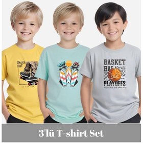 Resim Fyk Kids Erkek Çocuk Yuvarlak Yaka 3'lü Basketball-surf Al Day Baskili T-shi Rt Çok Renkli 