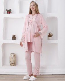 Resim Uzun Kol ve Düğmeli Lohusa Pijama Takımı/3lü Hamile Pijama ve Sabahlıklı Takım - 3424 - Somon / M / Terlik ve Taç İstiyorum + 300₺ 