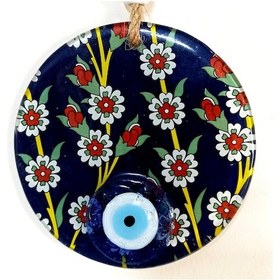 Resim Çiçek Desenli Lacivert Nazar Boncuklu Füzyon Cam Duvar Süsü 