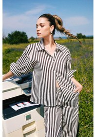 Resim DeFacto Afra x DeFacto Loose Fit Çizgili Poplin Uzun Kollu Gömlek F0403AX25SMBN390 