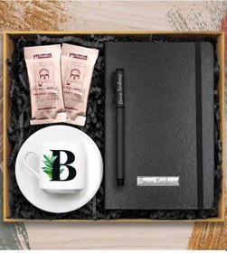 Resim Kişiye Özel Harf Fincan & Roller Kalem & Siyah Defter & 2'li Mehm 