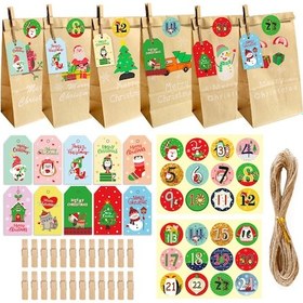 Resim Qingmipy Noel Geri Sayım Takvimi: 24 Adet Kraf Kağıt Çanta, Sayı Stickerları, Noel Etiketleri, Klemeler Ve Teli İle Dıy Hediye Paketi Seti 12x7.5x23cm Çok Renkli 