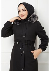 Resim Kmkkombin Kadın Boydan Fermuarlı Kapüşonu Kürklü Uzun Pardesü 