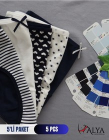 Resim Alya Underwear Kız Çocuk Kalpli Dokuma Lastik Pamuklu Kumaş Slip Külot 5'li Paket 5 Adet Beyaz Lacivert P21 