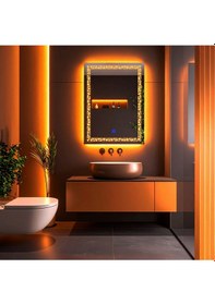 Resim Gleamira Vertical Amber Led'li Lazer Kumlamalı Lavabo & Banyo Aynası Dokunmatik Sensörlü 100 X 75 Cm Turuncu 