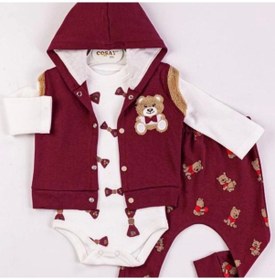 Resim 3-9 Ay Erkek Bebek Takımı Bear Nakışlı Yelekli 3'lü Bordo Bordo 