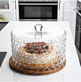 Resim Kosova Cam Pasta Standı Akasya Taban Bubble Desen 28 Cm ANH-02 