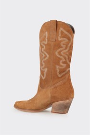 Resim Elle Taba Deri Kadın Western Çizme 