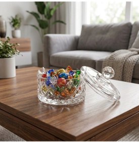 Resim Kare Kesme Desen Kristal Kulplu Kapaklı Cam Çerezlik Şekerlik 10 10 Cm Şeffaf 