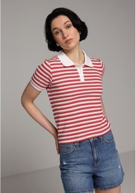 Resim Colin's Colins Slim Fit Polo Yaka Çizgili Kadın Kirmizi Kısa Kol Tişört Cl1080513 Q1.v1 Red Kırmızı 