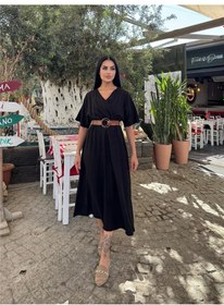 Resim WeShaya Siyah Kruvaze Kemerli Midi Elbise Siyah 