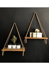Resim O&Awood 2'Li Halatlı Doğal Ahşap Raf, Dekoratif Duvar Rafı, Meşe 
