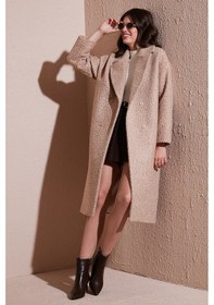 Resim Lela Oversize Fit Mono Yaka Düğmeli Buklet Uzun Kaşe Bayan Kaban 6810236 Bej 