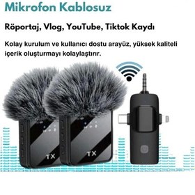 Resim Yüksek Kalite Profesyonel 3 In 1 Kablosuz Taşınabilir Yaka Mikrofonu Tüylü 