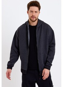 Resim JAHR MARC Koyu Gri Kapüşonlu Oversize Erkek Ceket - XL Koyu Gri 